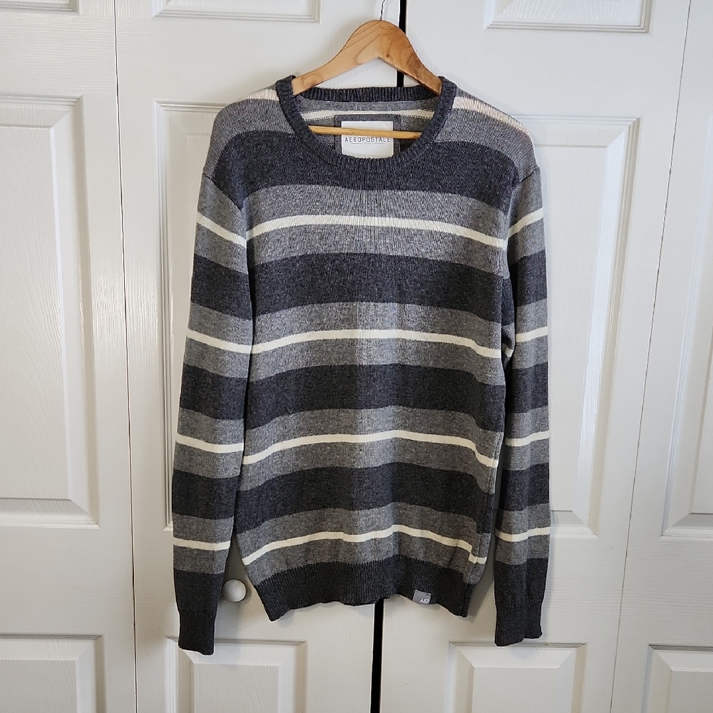 Aeropostale Mens Gray & White Striped Crewneck Sweater Size LG Y2K Wool‎ Blend